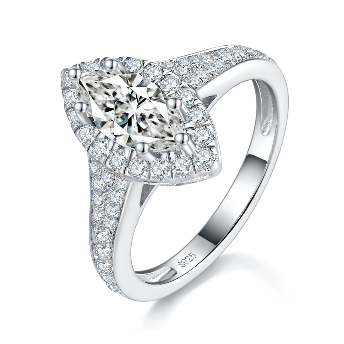 轻奢马眼钻女戒S925银镀白金定制选款主石莫桑钻1.0ct/副石高碳钻