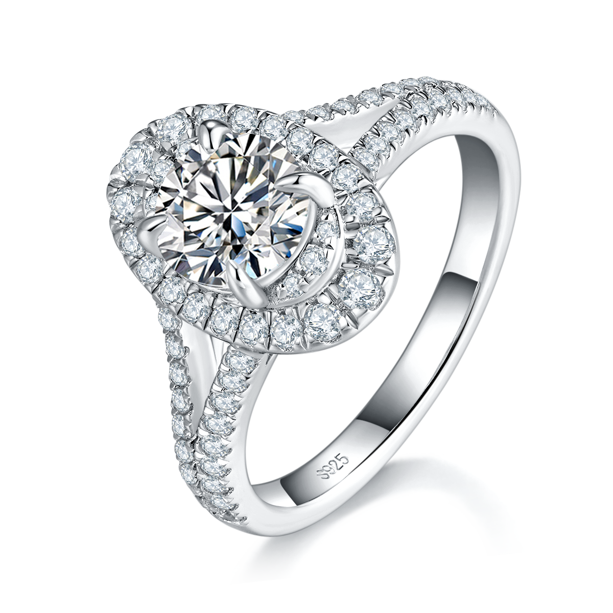 轻奢Y臂蛋形钻女戒S925银镀白金定制选款主石莫桑钻1.0ct/副石高碳钻