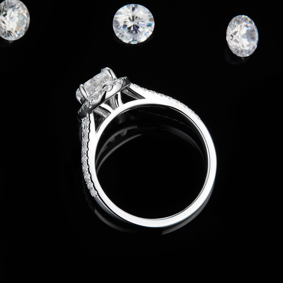 轻奢Y臂蛋形钻女戒S925银镀白金定制选款主石莫桑钻1.0ct/副石高碳钻