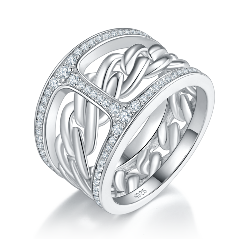 工字形排戒S925银镀白金Men's Ring定制选款副石Moissanite0.41ct