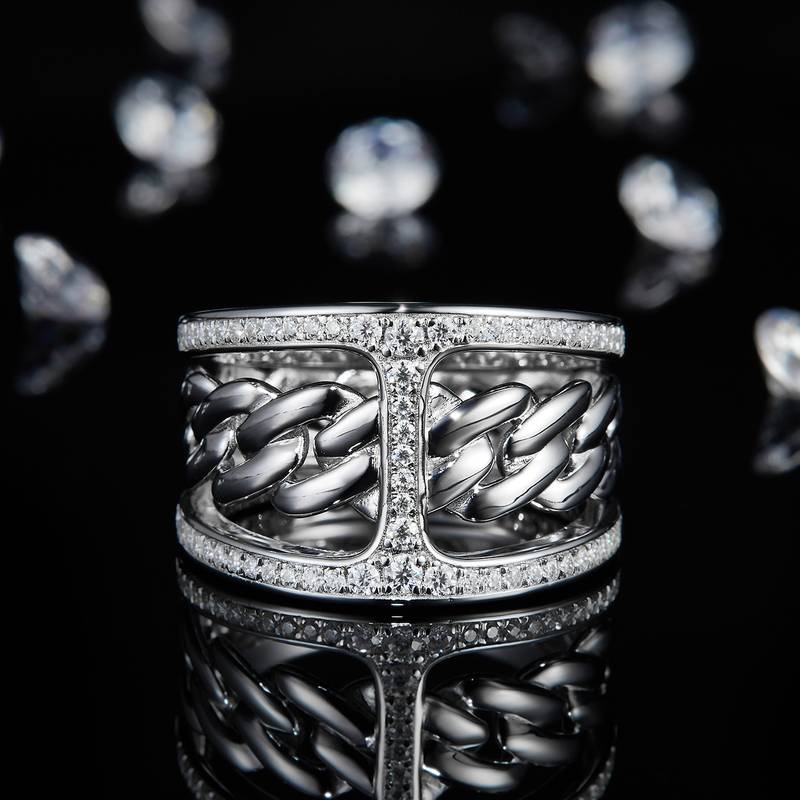 工字形排戒S925银镀白金Men's Ring定制选款副石Moissanite0.41ct