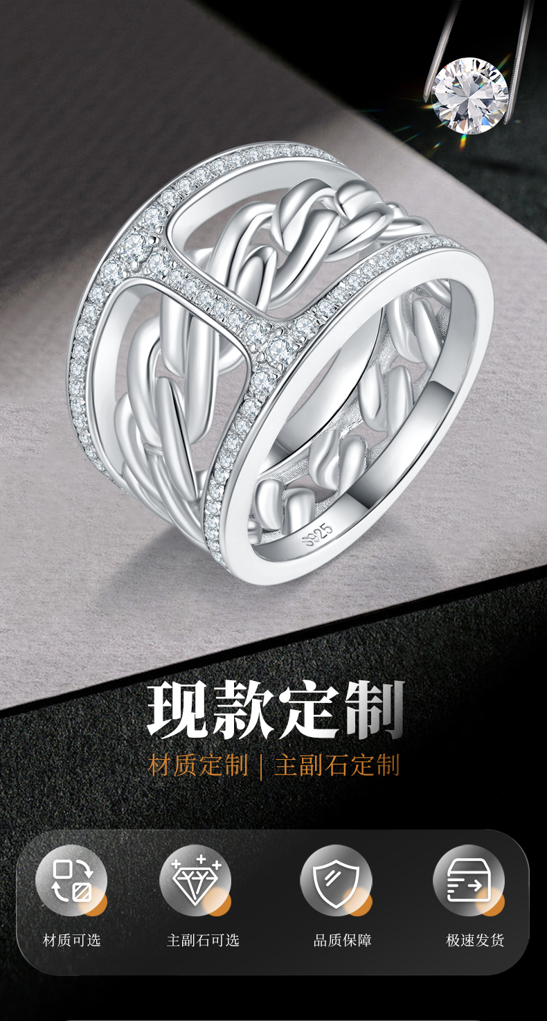 工字形排戒S925银镀白金男戒定制选款副石莫桑钻0.41ct - 1