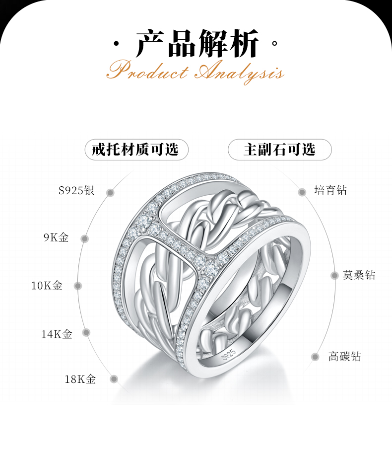 工字形排戒S925银镀白金男戒定制选款副石莫桑钻0.41ct - 2