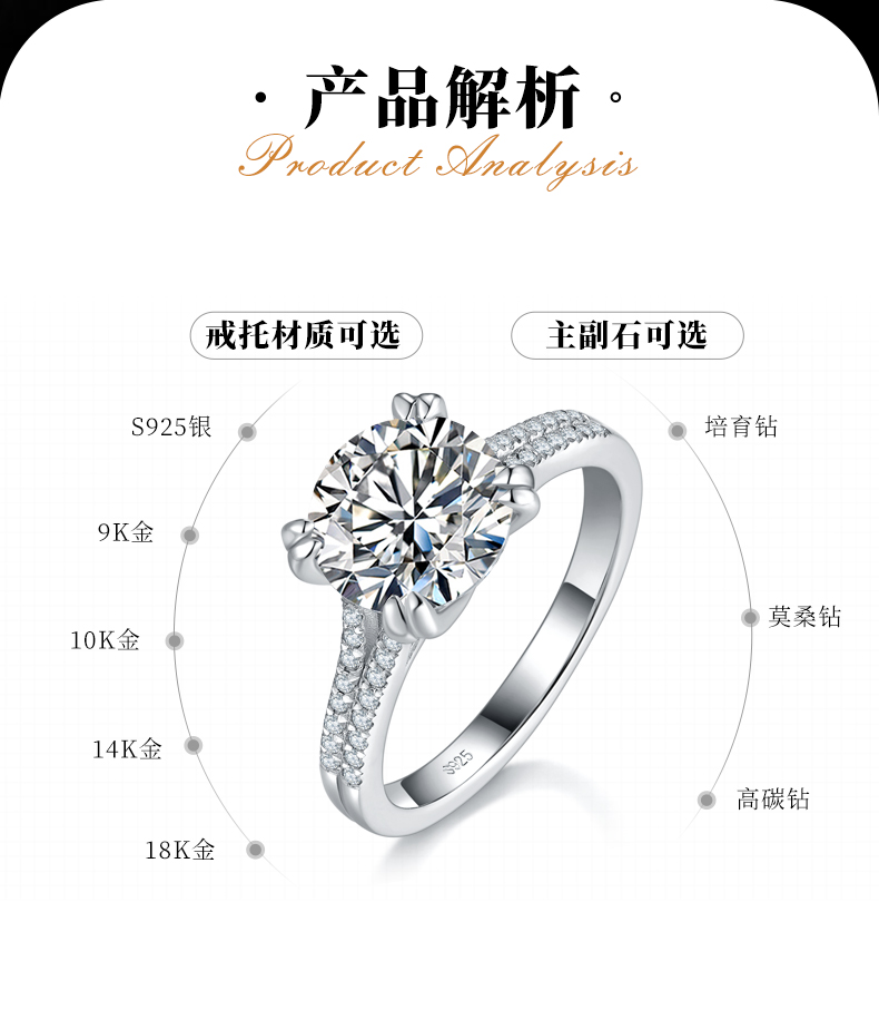 单头女戒S925银镀白金女戒定制选款主石莫桑钻3.0ct/副石高碳钻 - 2