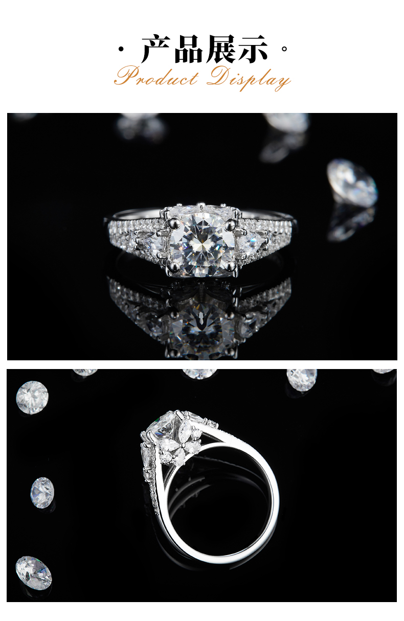 单头女戒S925银镀白金女戒定制选款主石莫桑钻1.2ct/副石高碳钻 - 3