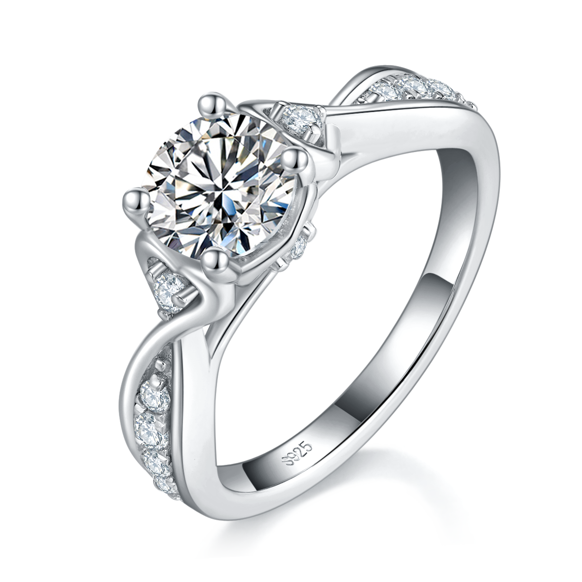 Twisted arm four claw S925 silver plated platinum women's ring custom selection main stone Moissanite 1.0ct/Side Stone Cubic Zirconia