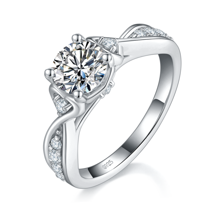 扭臂四爪S925银镀白金Women's Ring定制选款主石Moissanite1.0ct/副石高碳钻