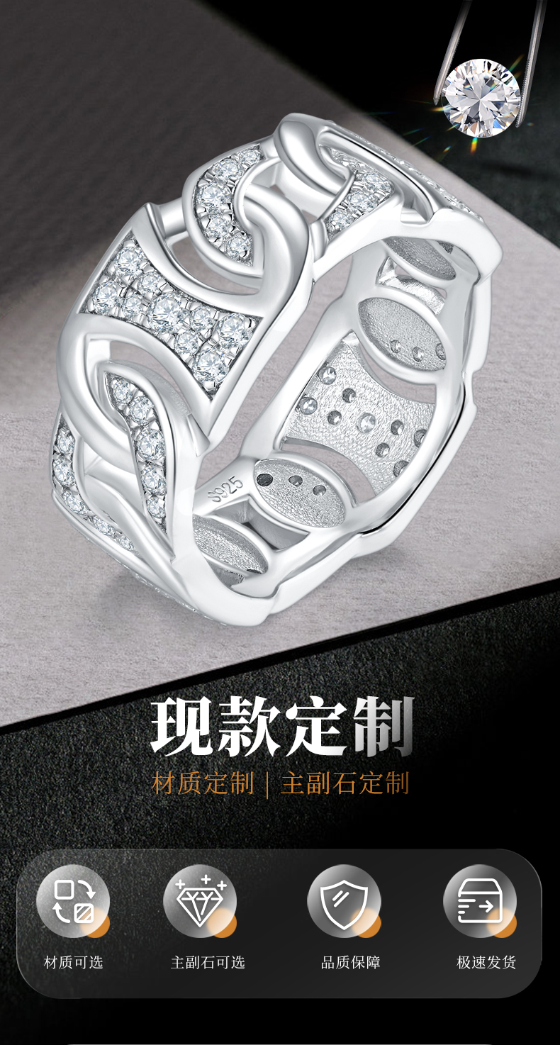 轻奢风男款S925银镀白金男戒定制选款副石莫桑钻0.99ct - 1
