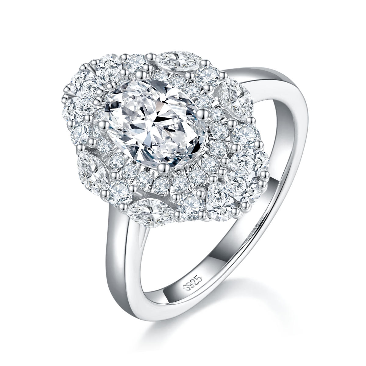 Oval Diamond Women's Ring S925 Silver Plated Platinum Customized Selection Main Stone Moissanite 1.5ct/Side Stone Cubic Zirconia