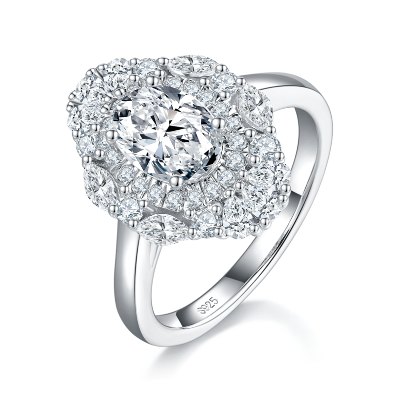 蛋形钻Women's RingS925银镀白金定制选款主石Moissanite1.5ct/副石高碳钻