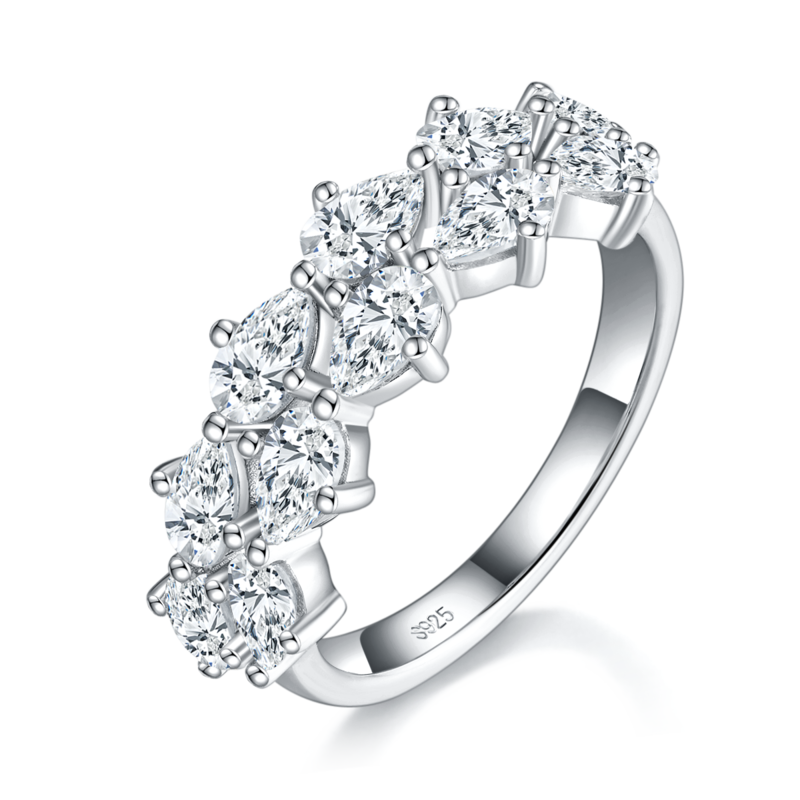 梨形小钻排戒S925银镀白金Women's Ring定制选款副石Moissanite3.85ct
