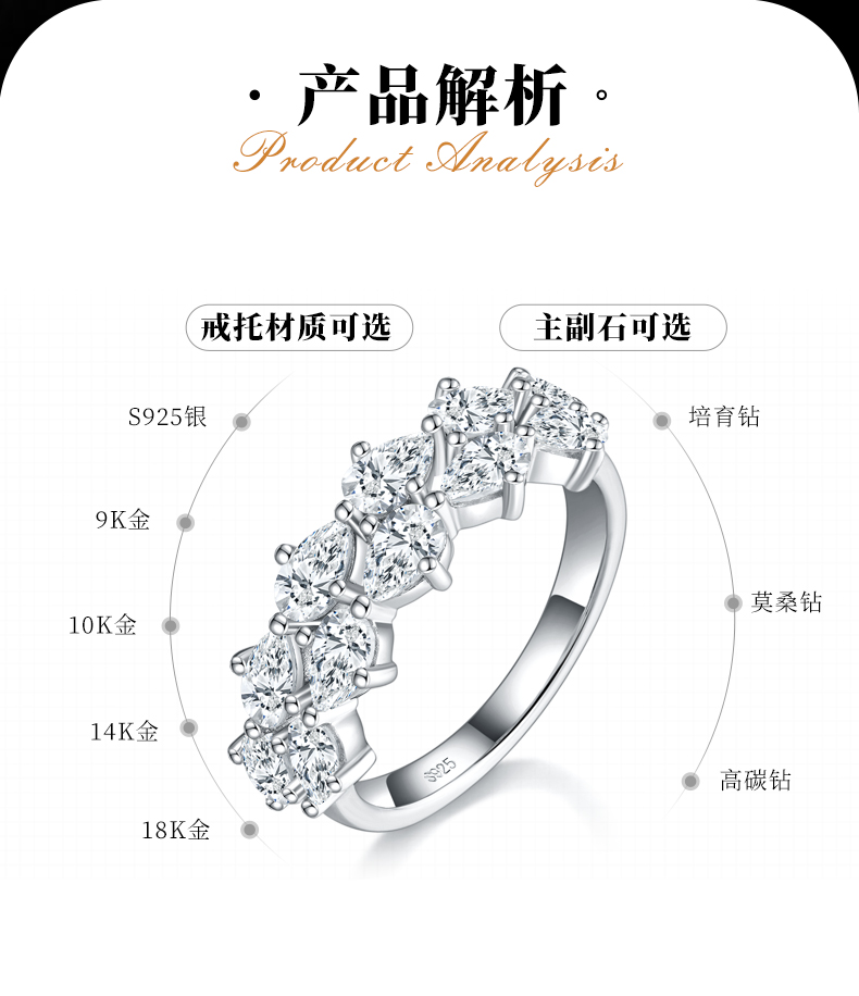 梨形小钻排戒S925银镀白金女戒定制选款副石莫桑钻3.85ct - 2