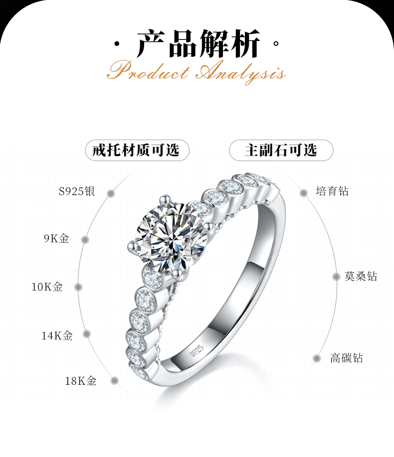 单头女戒S925银镀白金定制选款主石莫桑钻1.0ct/副石高碳钻 - 2