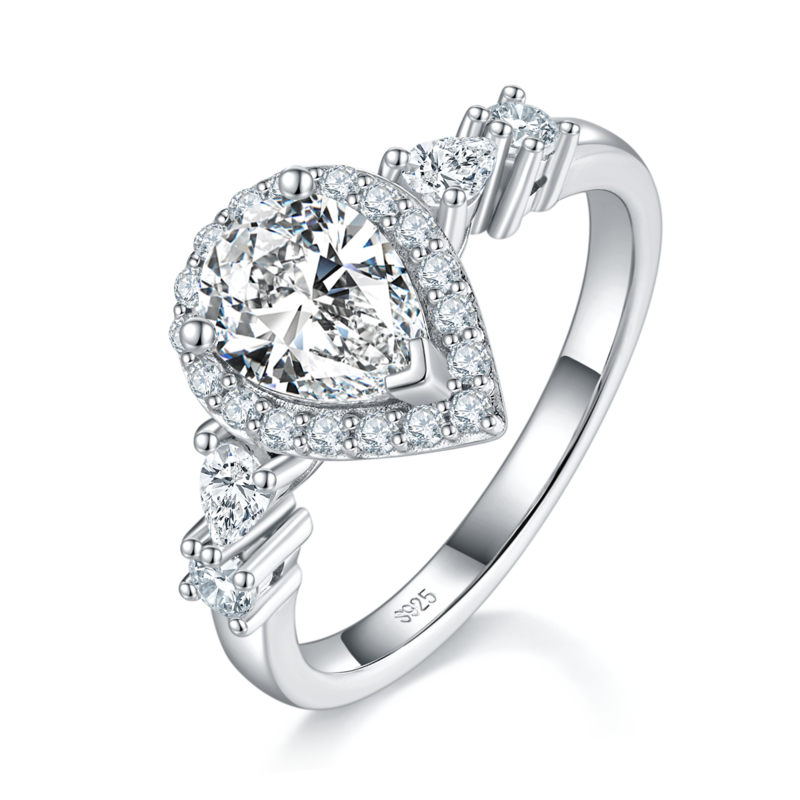 水滴钻Women's RingS925银镀白金定制选款主石Moissanite1.25ct/副石高碳钻