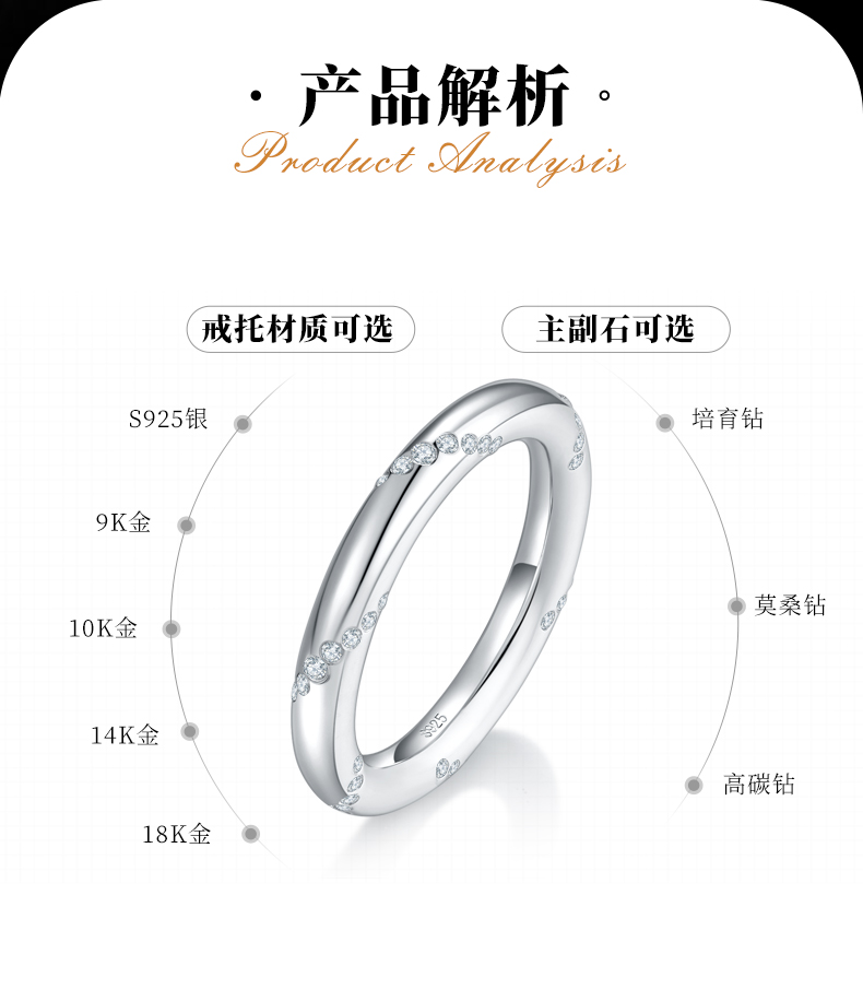 简约排戒S925银镀白金女戒定制选款副石莫桑钻0.34ct - 2