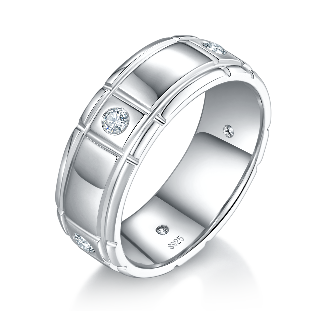S925 Silver Plated Platinum Men's Ring Customized Selection Side Stone Moissanite 0.3ct
