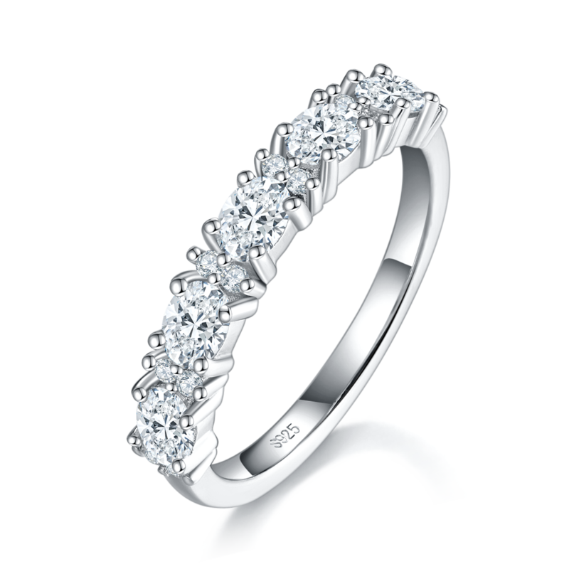 蛋形小钻排戒S925银镀白金女戒定制选款副石莫桑钻1.6ct