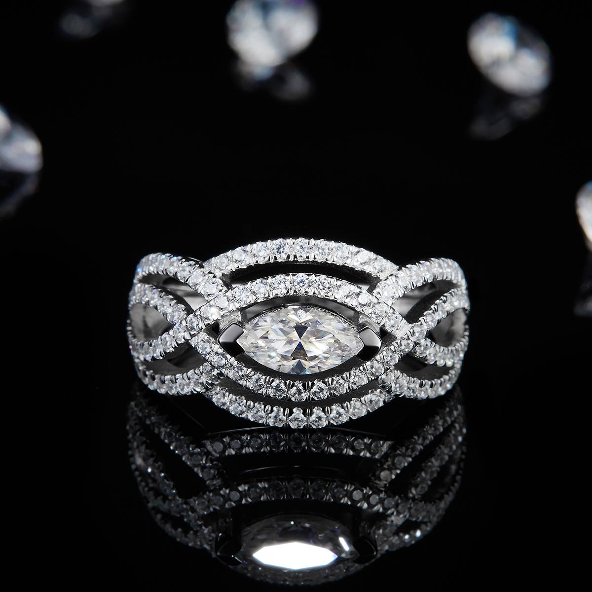 Marquis Diamond S925 Silver Plated Platinum Women's Ring Customized Selection Main Stone Moissanite 0.5ct/Side Stone Cubic Zirconia