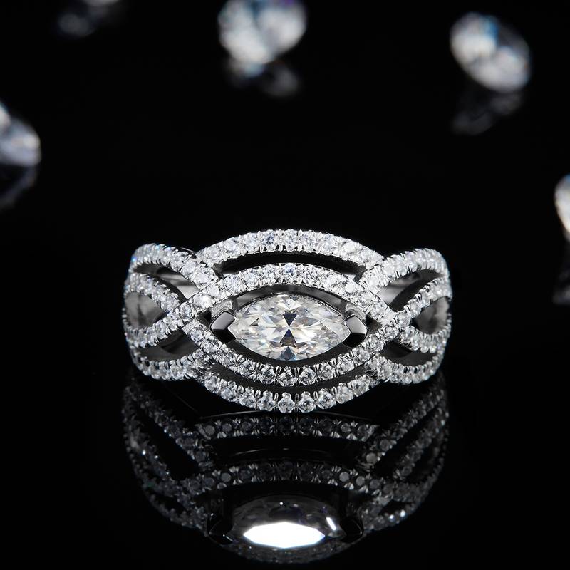 马眼钻S925银镀白金Women's Ring定制选款主石Moissanite0.5ct/副石高碳钻