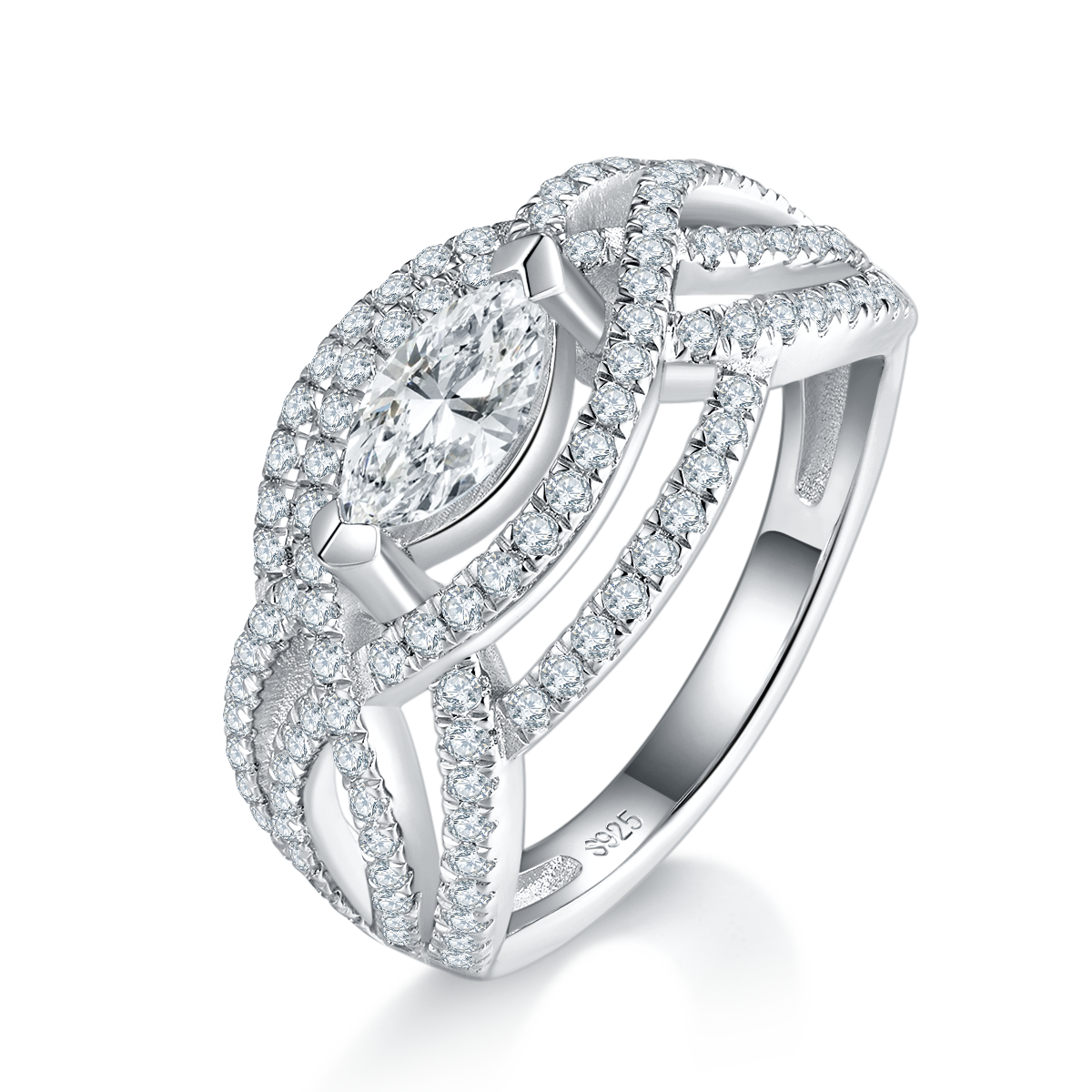 Marquis Diamond S925 Silver Plated Platinum Women's Ring Customized Selection Main Stone Moissanite 0.5ct/Side Stone Cubic Zirconia
