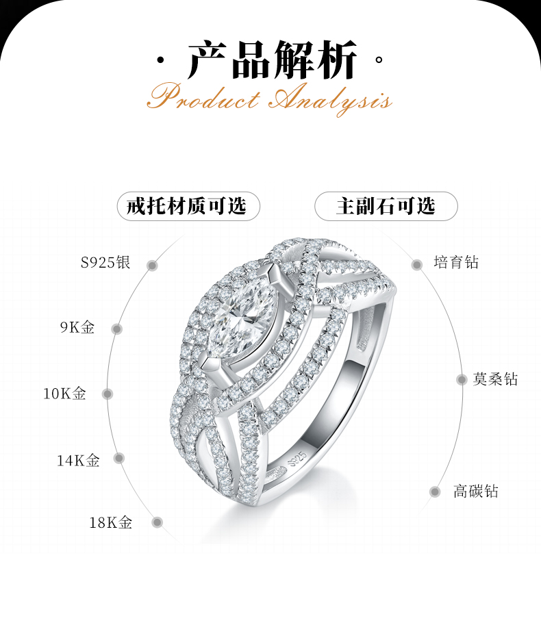 马眼钻S925银镀白金女戒定制选款主石莫桑钻0.5ct/副石高碳钻 - 2