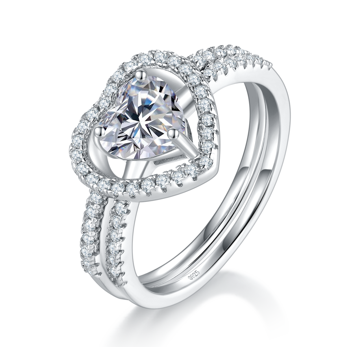 Double arm Heart Diamond Set S925 Silver Plated Platinum Women's Ring Customized Selection Main Stone Moissanite 1.0ct/Side Stone Cubic Zirconia