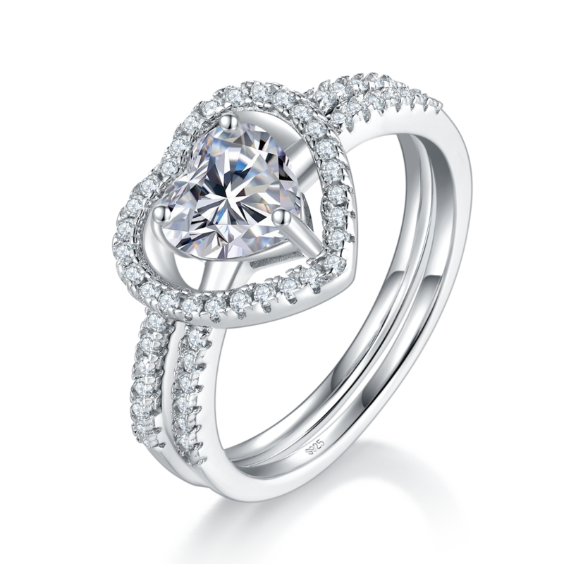 双臂心形钻套戒S925银镀白金Women's Ring定制选款主石Moissanite1.0ct/副石高碳钻