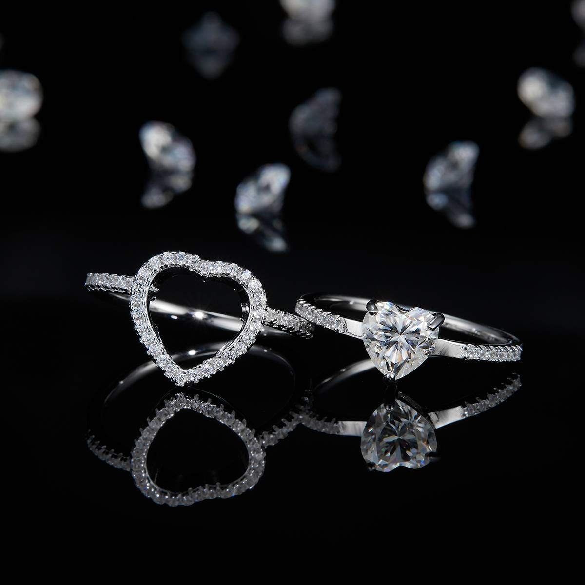 Double arm Heart Diamond Set S925 Silver Plated Platinum Women's Ring Customized Selection Main Stone Moissanite 1.0ct/Side Stone Cubic Zirconia