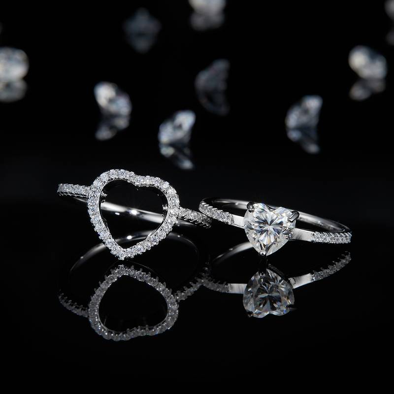 双臂心形钻套戒S925银镀白金Women's Ring定制选款主石Moissanite1.0ct/副石高碳钻