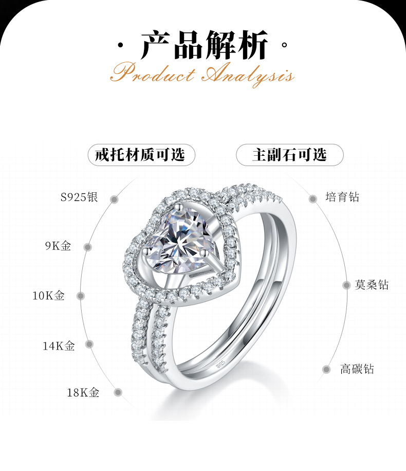 双臂心形钻套戒S925银镀白金女戒定制选款主石莫桑钻1.0ct/副石高碳钻 - 2
