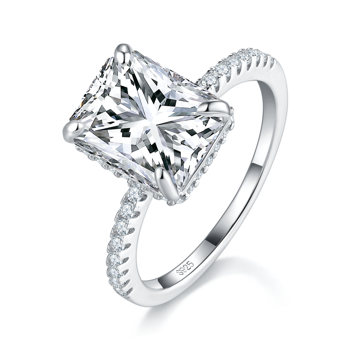 长方钻S925银镀白金女戒定制选款主石莫桑钻4.0ct/副石高碳钻