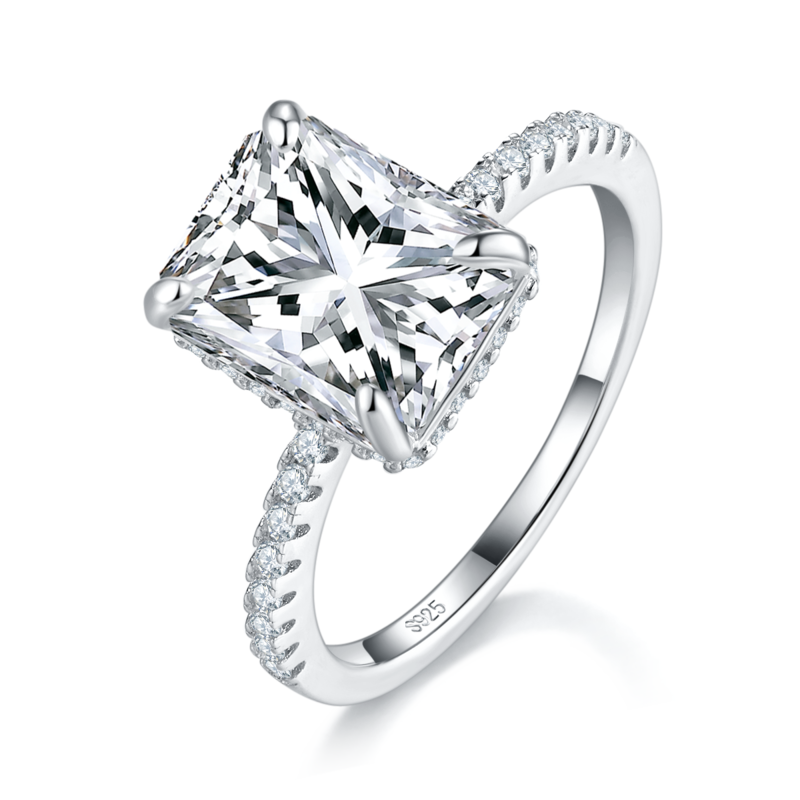 长方钻S925银镀白金女戒定制选款主石莫桑钻4.0ct/副石高碳钻