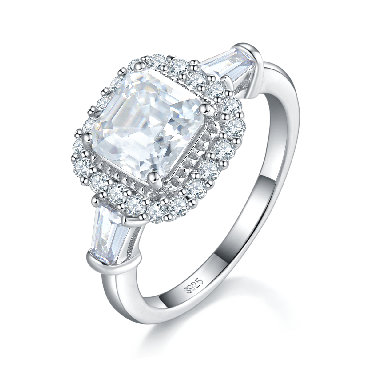 阿斯切方钻S925银镀白金女戒定制选款主石莫桑钻2.0ct/副石高碳钻