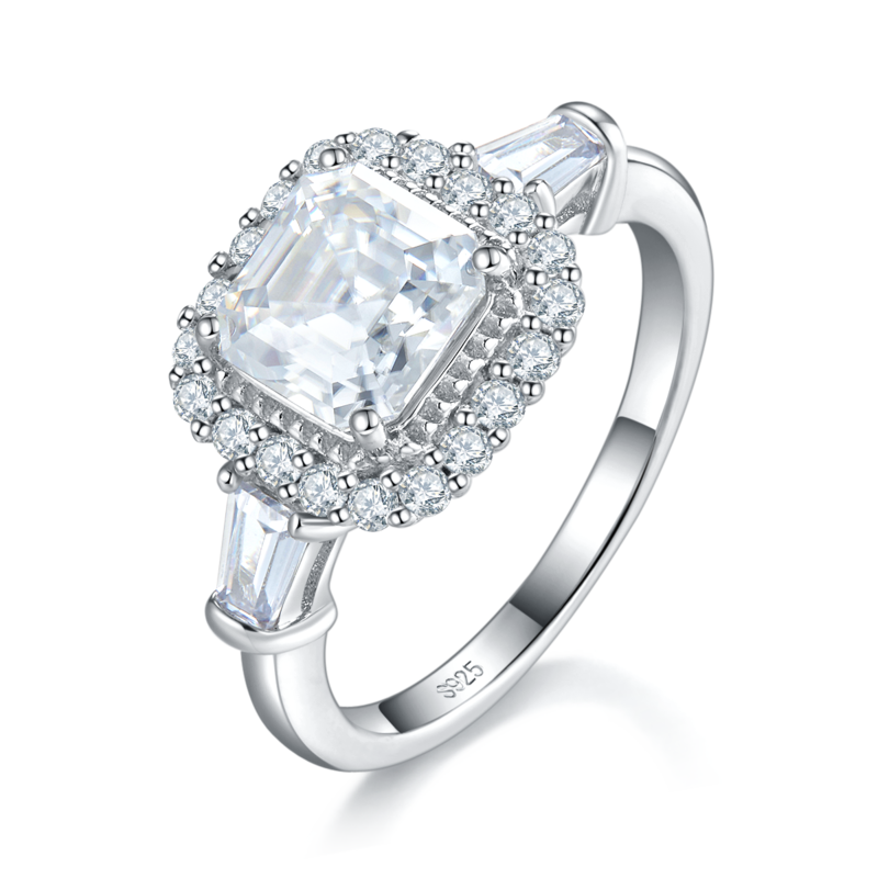 阿斯切方钻S925银镀白金Women's Ring定制选款主石Moissanite2.0ct/副石高碳钻