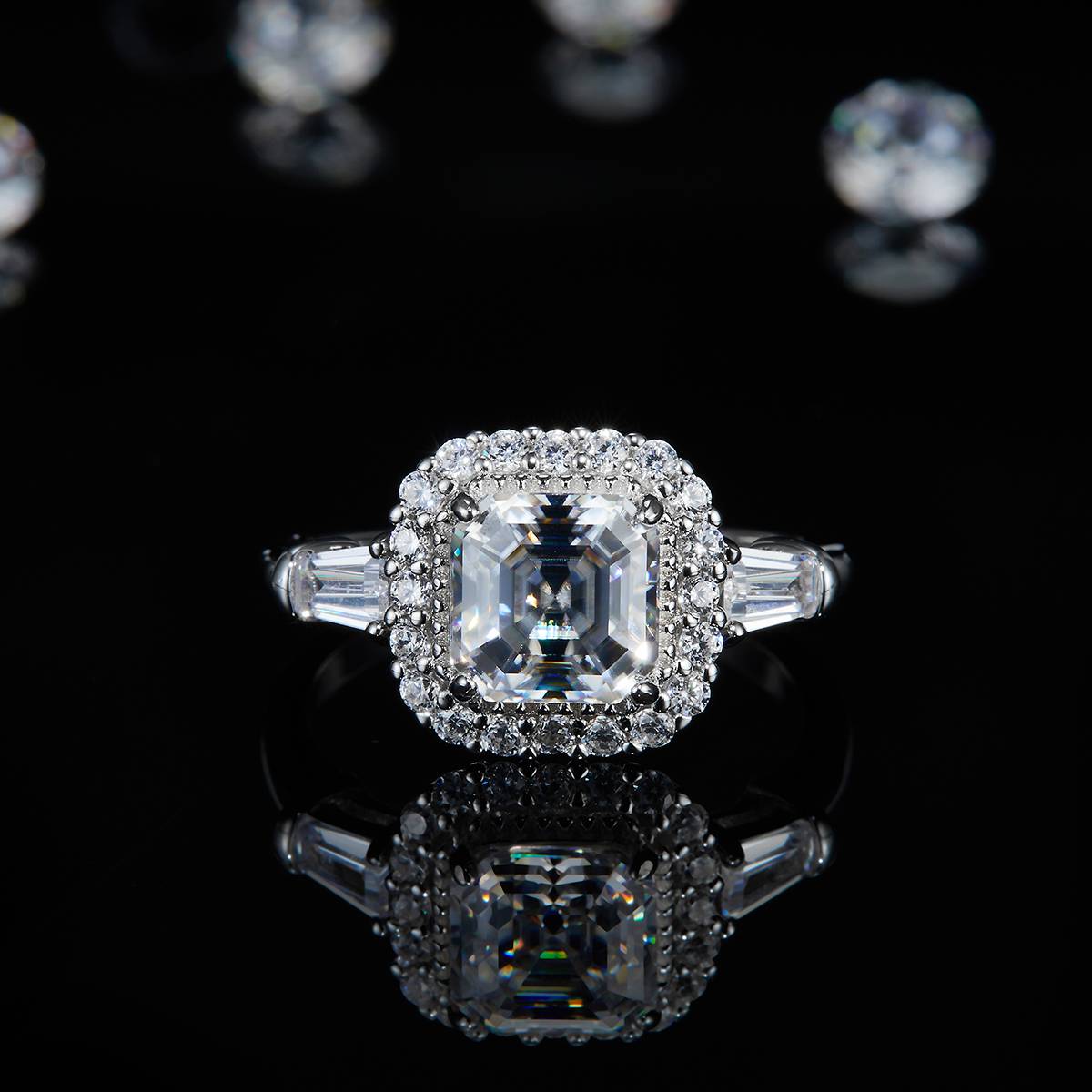 阿斯切方钻S925银镀白金女戒定制选款主石莫桑钻2.0ct/副石高碳钻