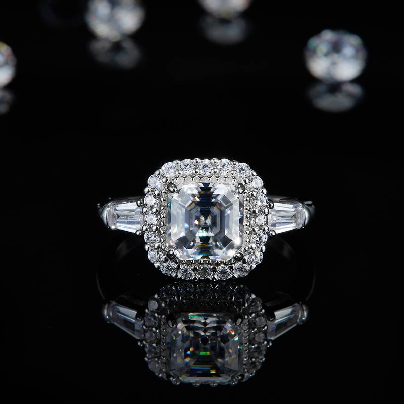 阿斯切方钻S925银镀白金Women's Ring定制选款主石Moissanite2.0ct/副石高碳钻