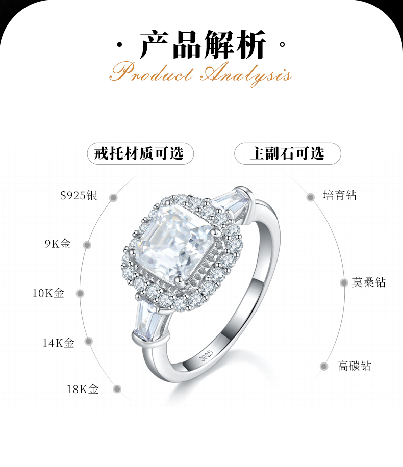 阿斯切方钻S925银镀白金女戒定制选款主石莫桑钻2.0ct/副石高碳钻 - 2