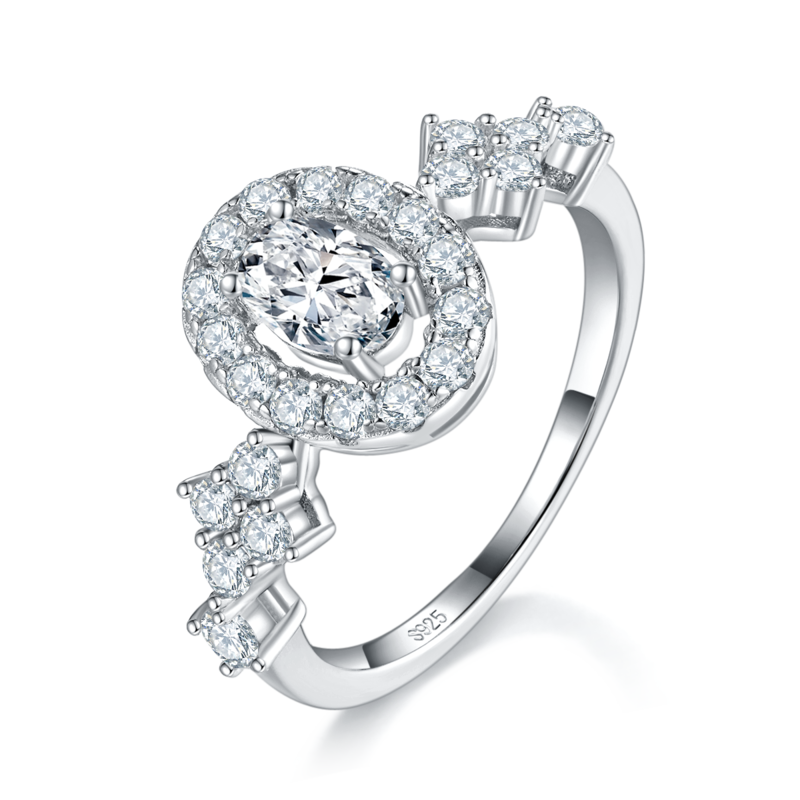 蛋形钻圆包S925银镀白金Women's Ring定制选款主石Moissanite0.5ct/副石高碳钻
