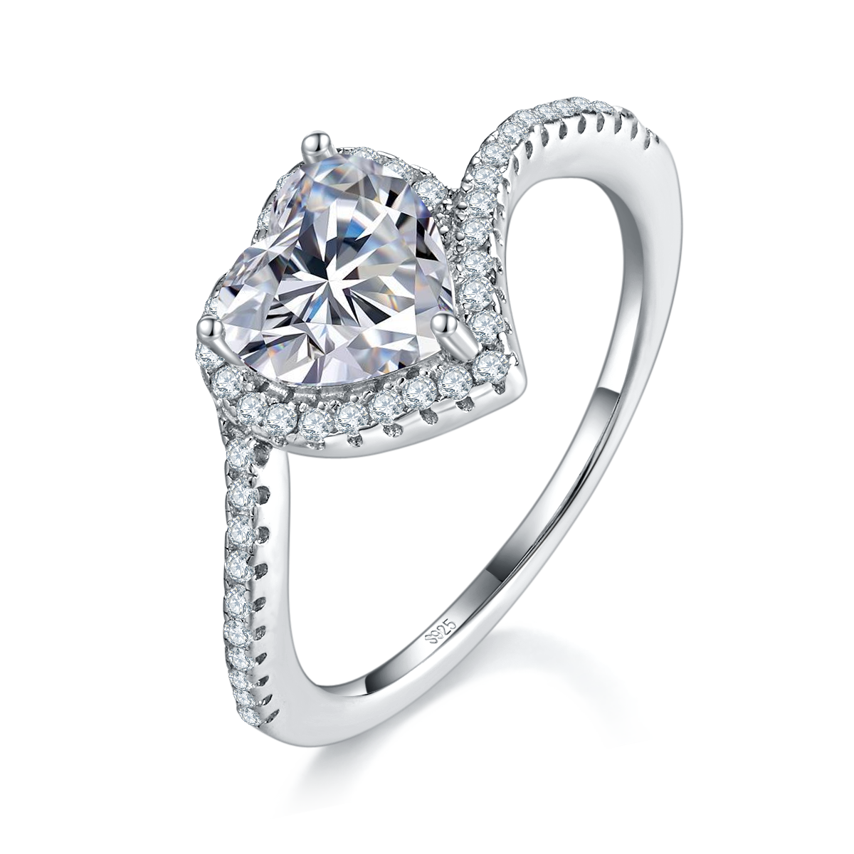 扭臂心形钻S925银镀白金女戒定制选款主石莫桑钻1.2ct/副石高碳钻
