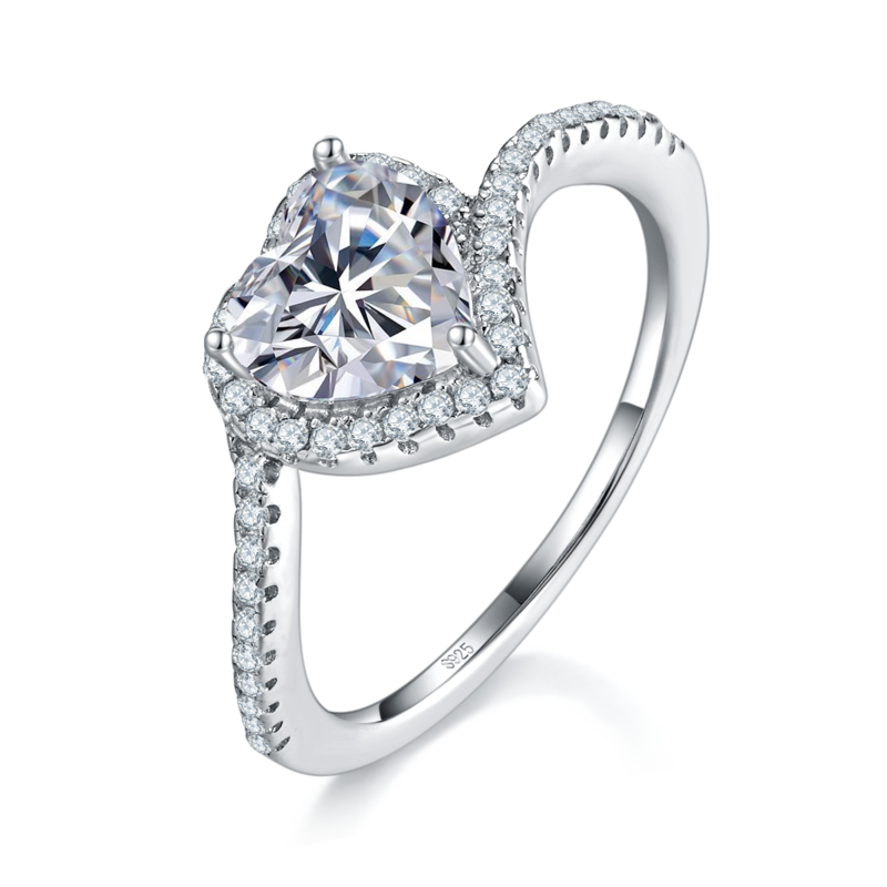 扭臂心形钻S925银镀白金Women's Ring定制选款主石Moissanite1.2ct/副石高碳钻