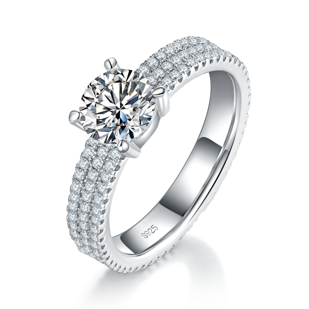 Luxury Four Claw Round Diamond S925 Silver Plated Platinum Women's Ring Customized Selection Main Stone Moissanite 1.0ct/Side Stone Cubic Zirconia