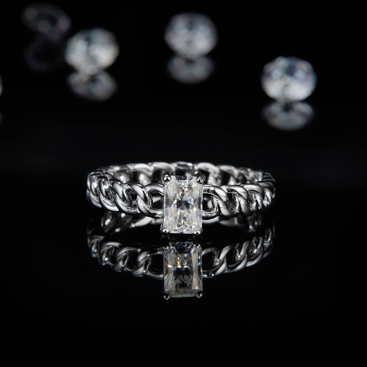 Rectangular Diamond Cuban Chain Ring Arm S925 Silver Plated Platinum Women's Ring Customized Selection Main Stone Moissanite 0.8ct