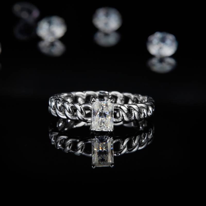 长方钻Cuban Chain戒臂S925银镀白金Women's Ring定制选款主石Moissanite0.8ct