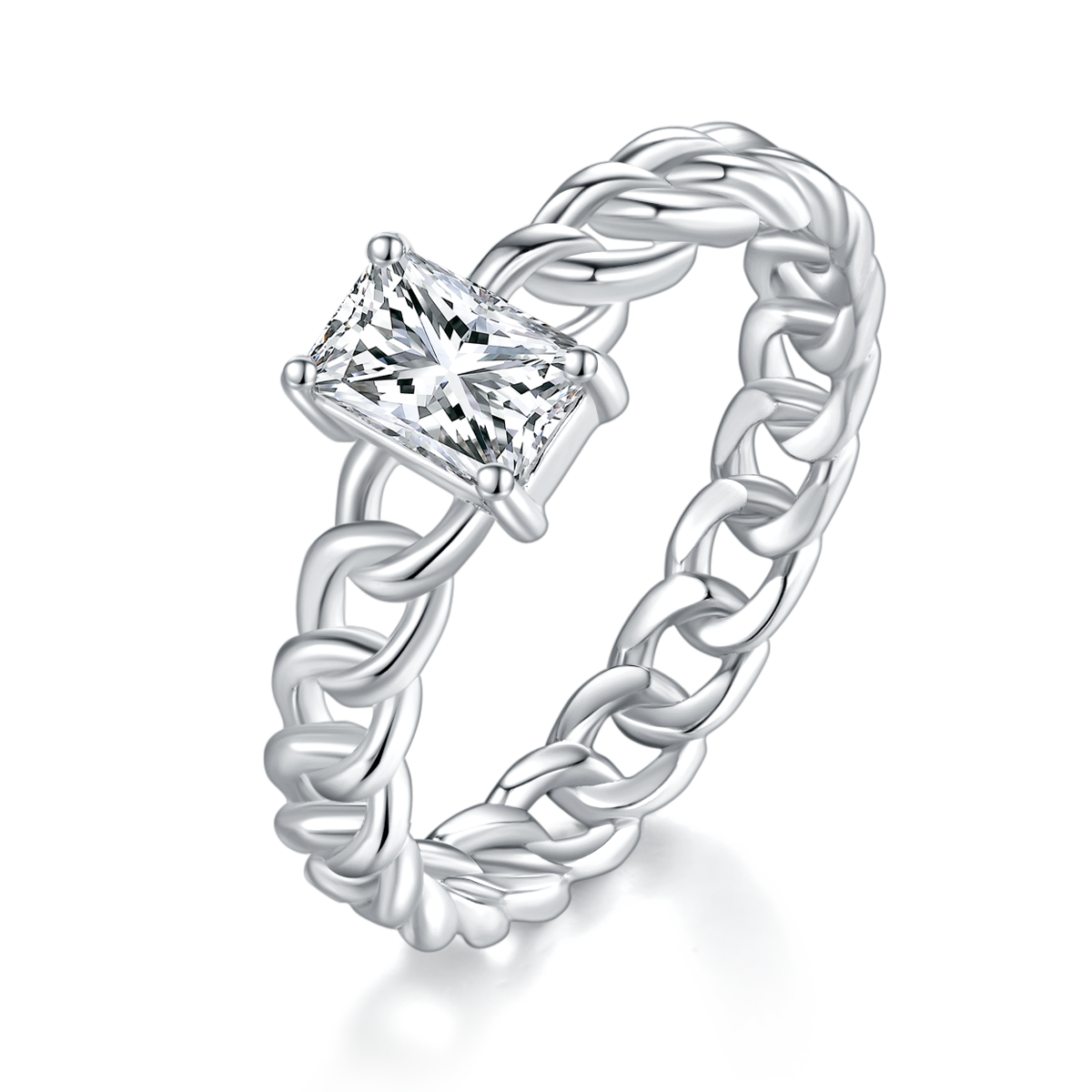 Rectangular Diamond Cuban Chain Ring Arm S925 Silver Plated Platinum Women's Ring Customized Selection Main Stone Moissanite 0.8ct