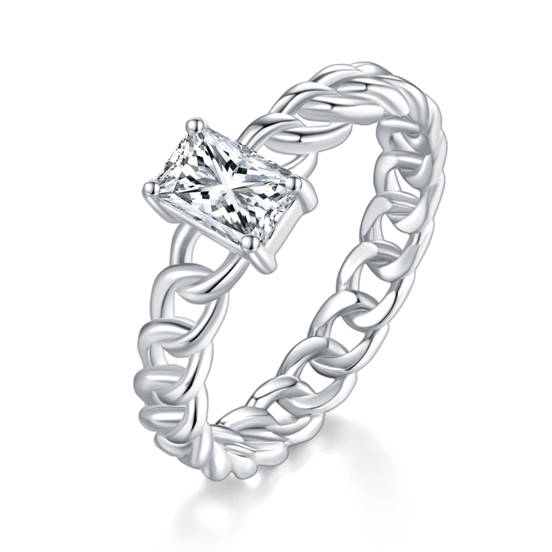 长方钻Cuban Chain戒臂S925银镀白金Women's Ring定制选款主石Moissanite0.8ct