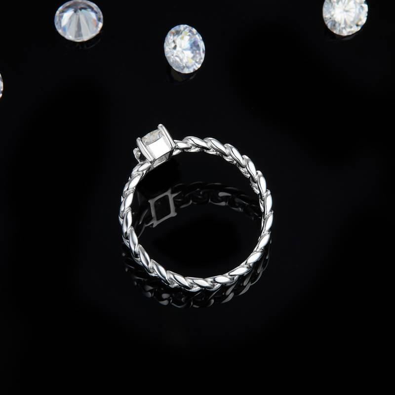长方钻Cuban Chain戒臂S925银镀白金Women's Ring定制选款主石Moissanite0.8ct
