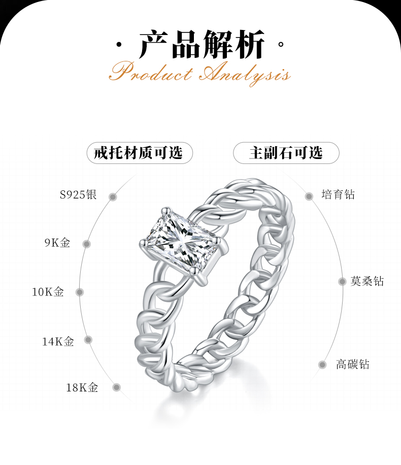 长方钻古巴链戒臂S925银镀白金女戒定制选款主石莫桑钻0.8ct - 2