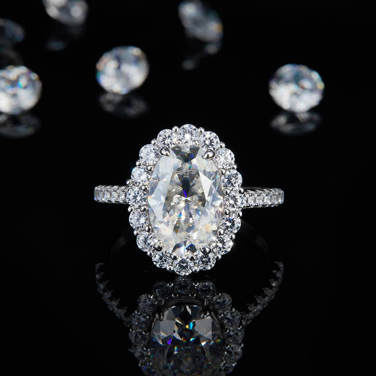 Oval Diamond Round Bag S925 Silver Plated Platinum Women's Ring Custom Selection Main Stone Moissanite 4.5ct/Side Stone Cubic Zirconia