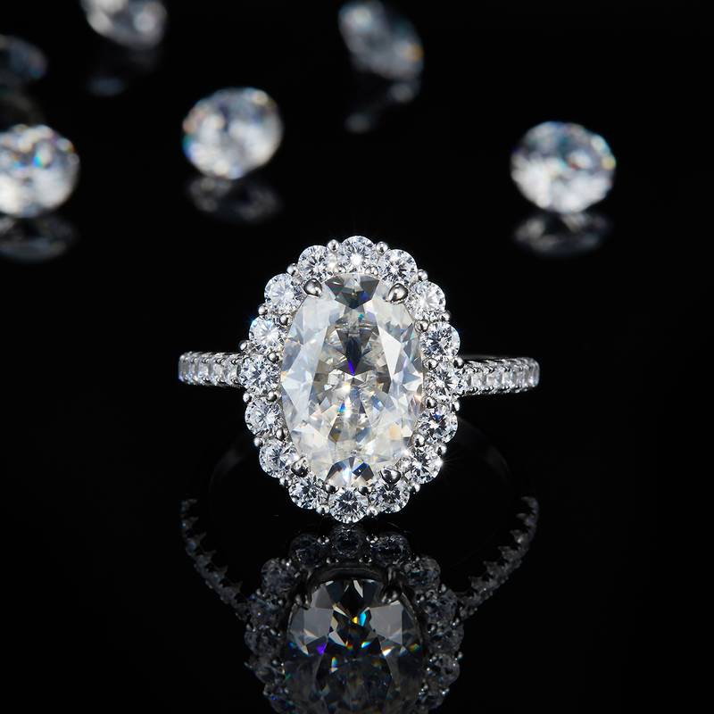 蛋形钻圆包S925银镀白金Women's Ring定制选款主石Moissanite4.5ct/副石高碳钻