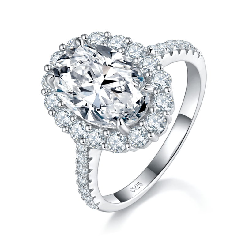 蛋形钻圆包S925银镀白金Women's Ring定制选款主石Moissanite4.5ct/副石高碳钻